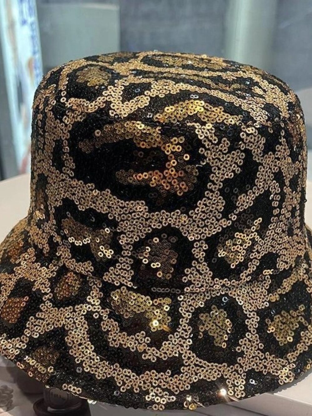 Leopard Print Sequin Bucket Hat | Gold & Black Sparkle | One Size M | New